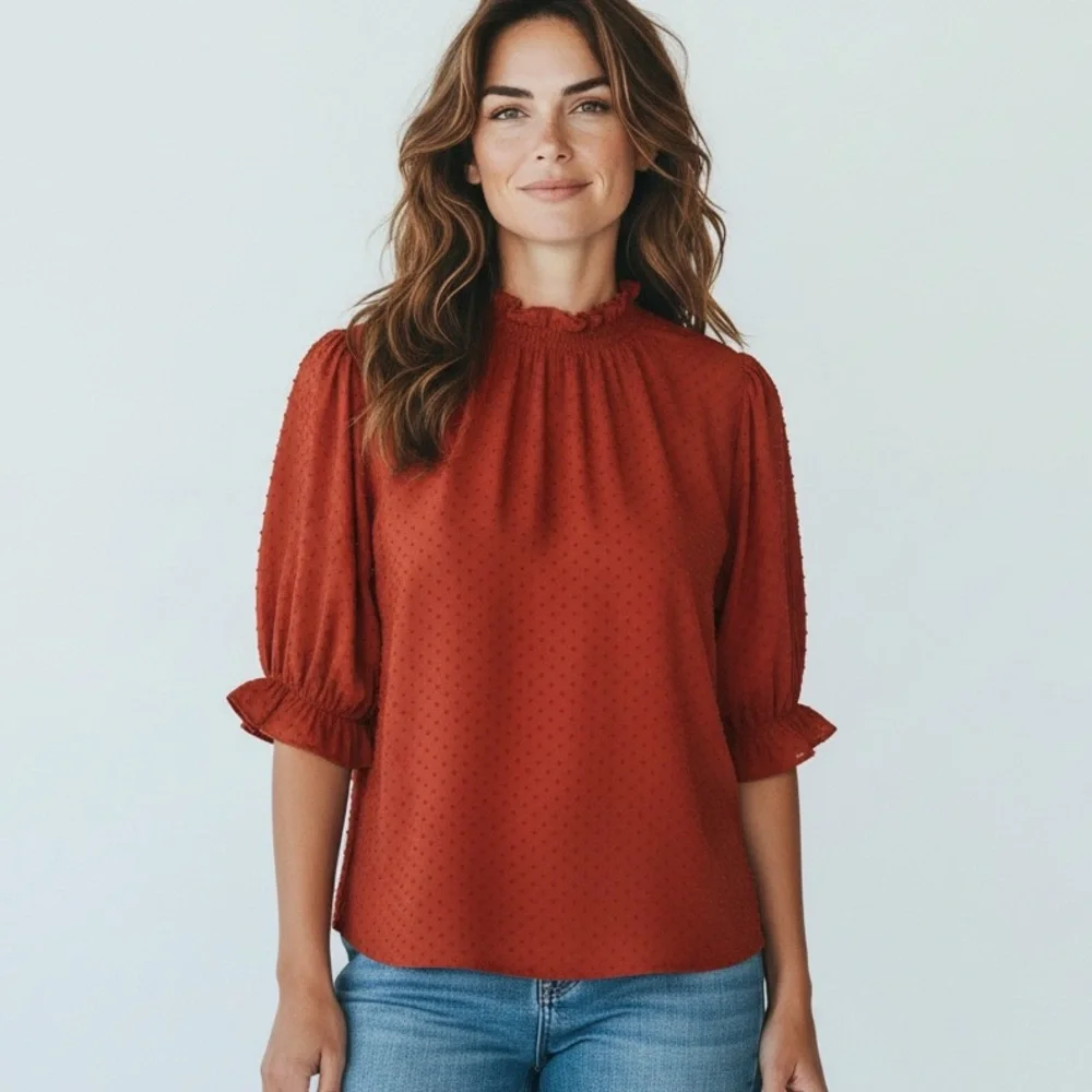 Madewell Women's Oversized S Puff SS‎ Swiss Dot Knit Blouse Pumpkin EUC